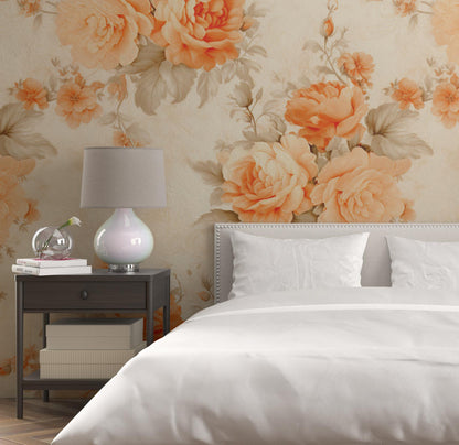 Orange Floral Removable Wallpaper- Peel & Stick, Reusable, Self Adhesive, Rose Pattern, 26 Inch Fixed Panels, Easy Install, Seamless