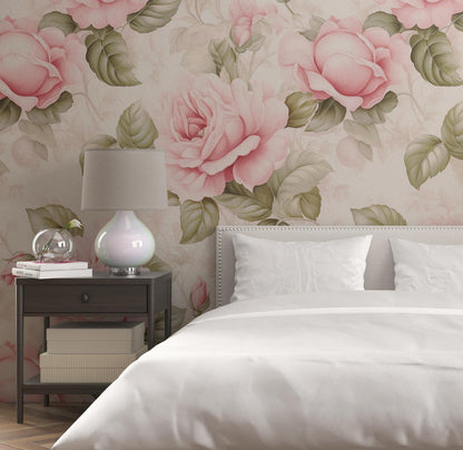 Removable Wallpaper, Pink and Green Rose - Peel & Stick, Reusable, Self Adhesive, 26 Inch Fixed Panels, Easy Install, Seamless