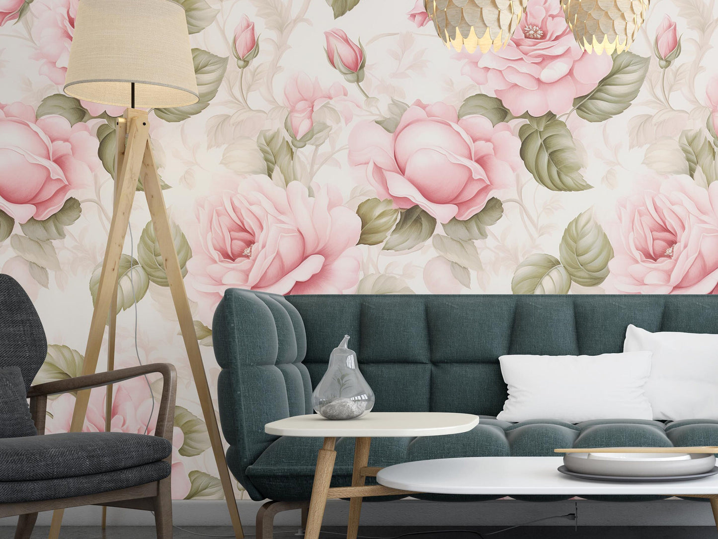 Removable Wallpaper, Pink and Green Rose - Peel & Stick, Reusable, Self Adhesive, 26 Inch Fixed Panels, Easy Install, Seamless