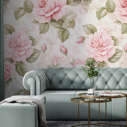 Removable Wallpaper, Pink and Green Rose - Peel & Stick, Reusable, Self Adhesive, 26 Inch Fixed Panels, Easy Install, Seamless