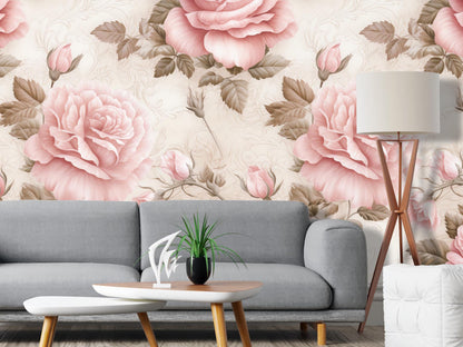 Removable Wallpaper, Pink and Cream Rose - Peel & Stick, Reusable, Self Adhesive, 26 Inch Fixed Panels, Easy Install, Seamless