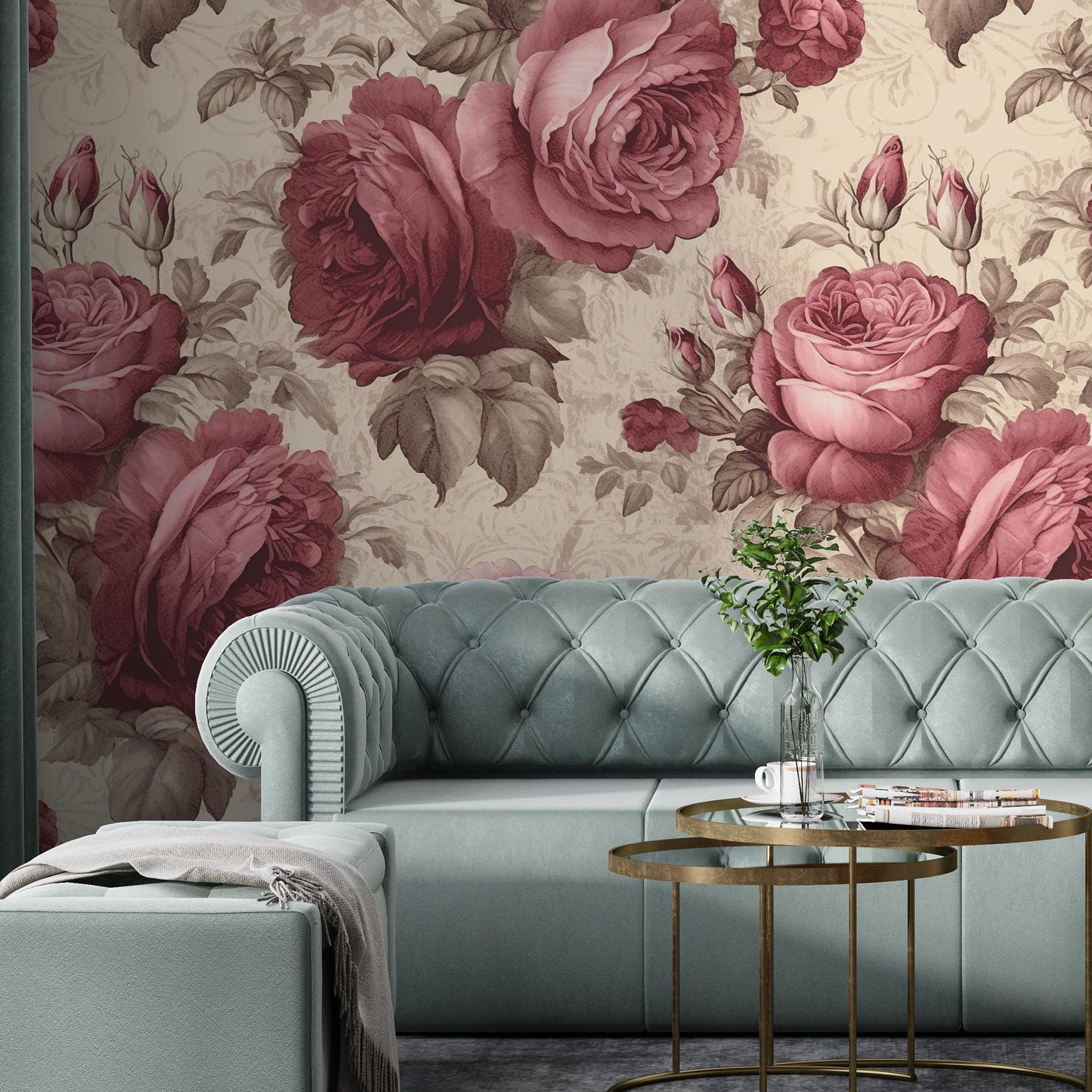 Red Rose Removable Wallpaper, Vintage Floral Wallpaper - Peel & Stick, Reusable, Self Adhesive, 26 Inch Fixed Panels, Easy Install