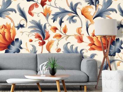 Removable Wallpaper, Orange, Blue and Red Floral - Peel & Stick, Reusable, Self Adhesive, 26 Inch Fixed Panels, Easy Install, Seamless