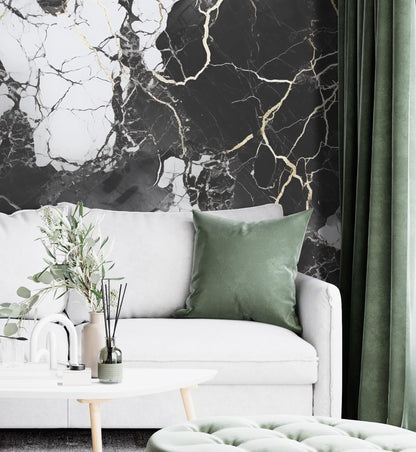 Removable Wallpaper, Black, Gold, White Marble - Peel & Stick, Reusable, Self Adhesive, 26 Inch Fixed Panels, Easy Install, Seamless