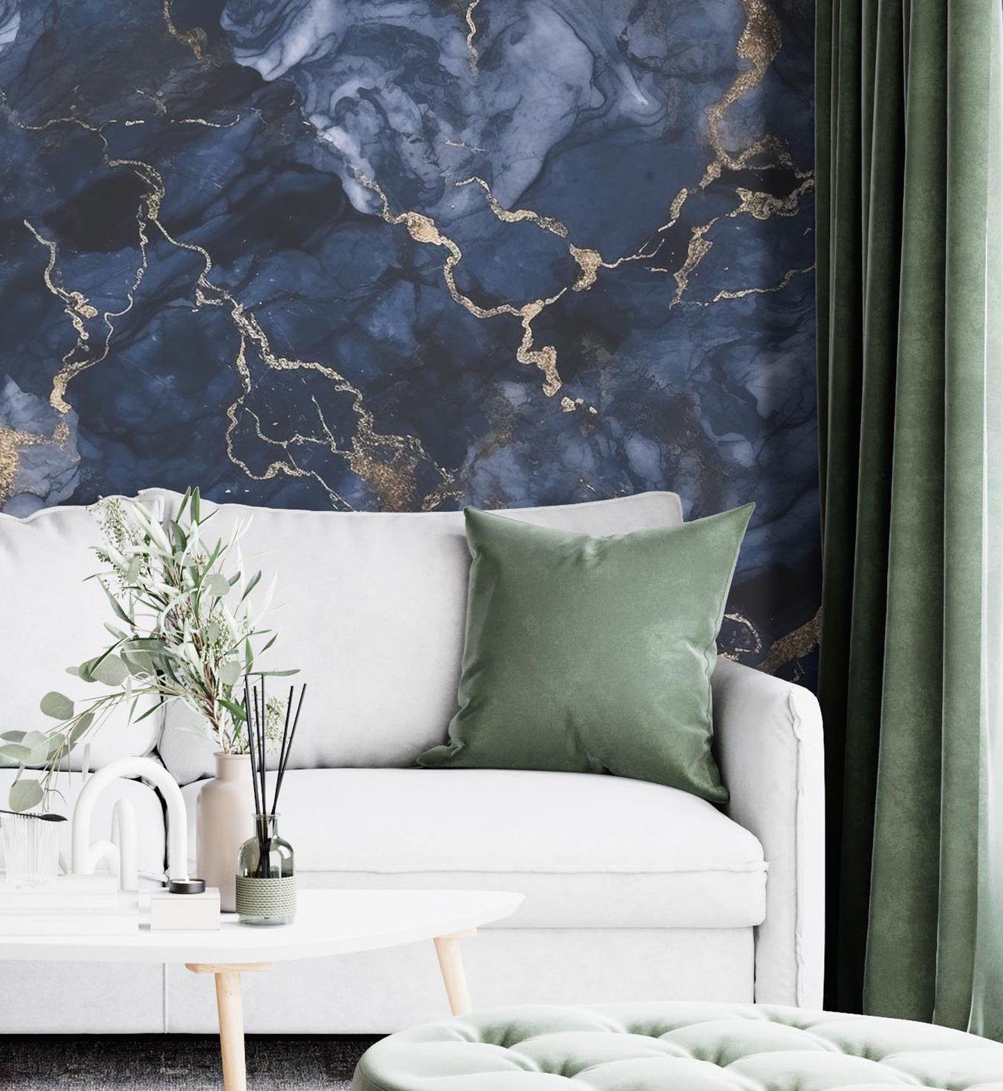 Blue and Gold Marble Removable Wallpaper, - Peel & Stick, Reusable, Self Adhesive, 26 Inch Fixed Panels, Easy Install, Seamless