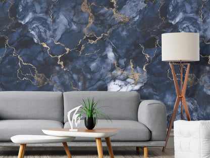 Blue and Gold Marble Removable Wallpaper, - Peel & Stick, Reusable, Self Adhesive, 26 Inch Fixed Panels, Easy Install, Seamless