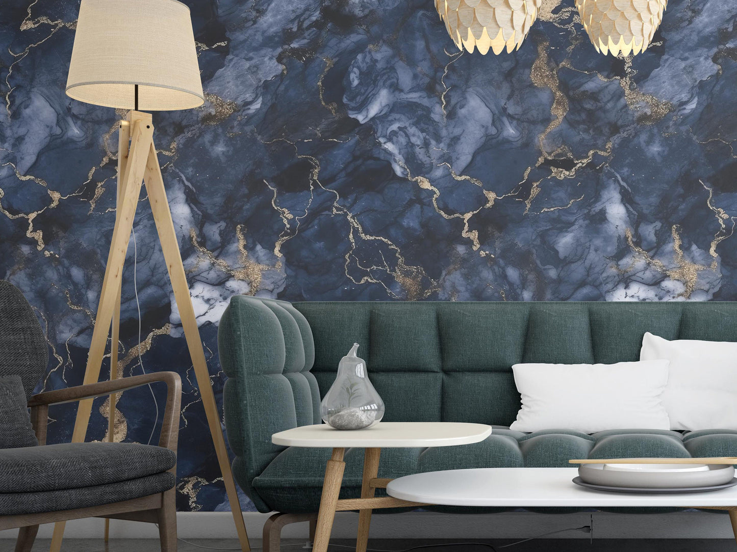 Blue and Gold Marble Removable Wallpaper, - Peel & Stick, Reusable, Self Adhesive, 26 Inch Fixed Panels, Easy Install, Seamless