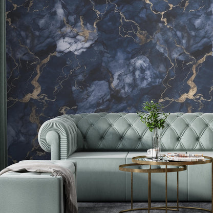 Blue and Gold Marble Removable Wallpaper, - Peel & Stick, Reusable, Self Adhesive, 26 Inch Fixed Panels, Easy Install, Seamless