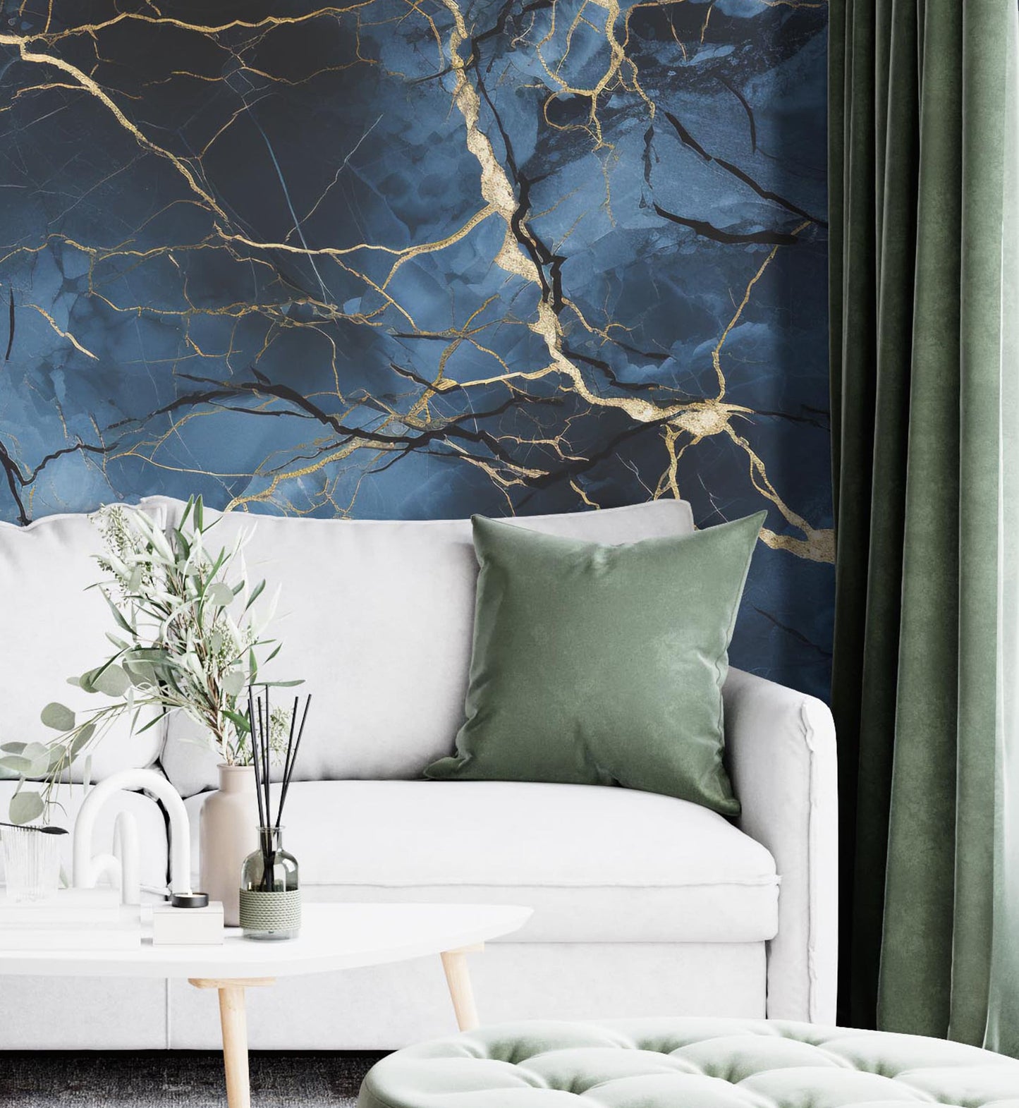 Blue, Gold and Black Marble Removable Wallpaper,- Peel & Stick, Reusable, Self Adhesive, 26 Inch Fixed Panels, Easy Install, Seamless