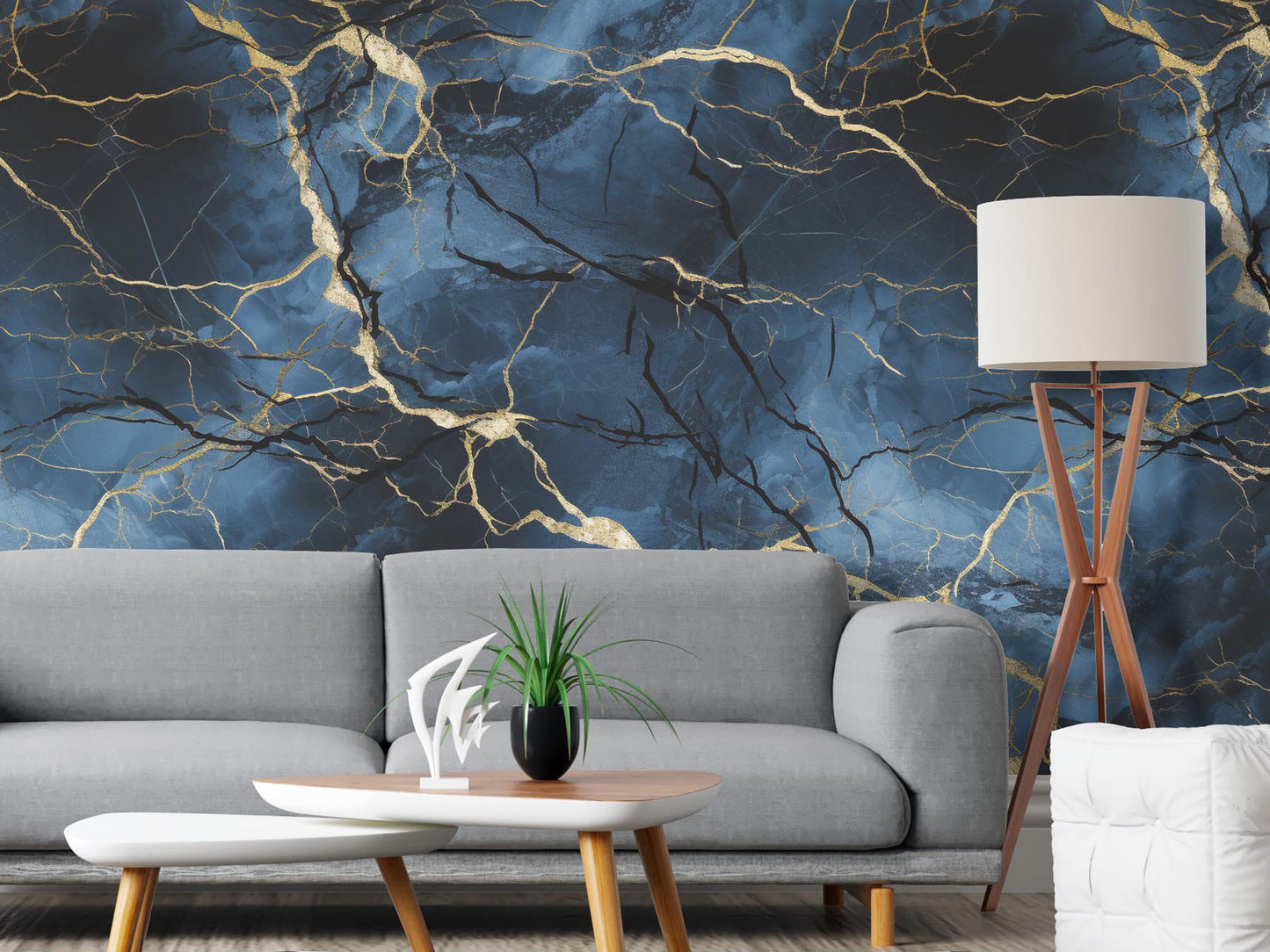 Blue, Gold and Black Marble Removable Wallpaper,- Peel & Stick, Reusable, Self Adhesive, 26 Inch Fixed Panels, Easy Install, Seamless