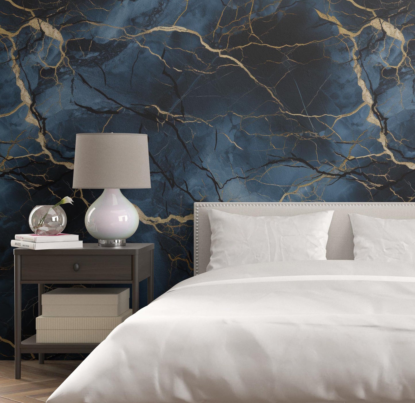 Blue, Gold and Black Marble Removable Wallpaper,- Peel & Stick, Reusable, Self Adhesive, 26 Inch Fixed Panels, Easy Install, Seamless