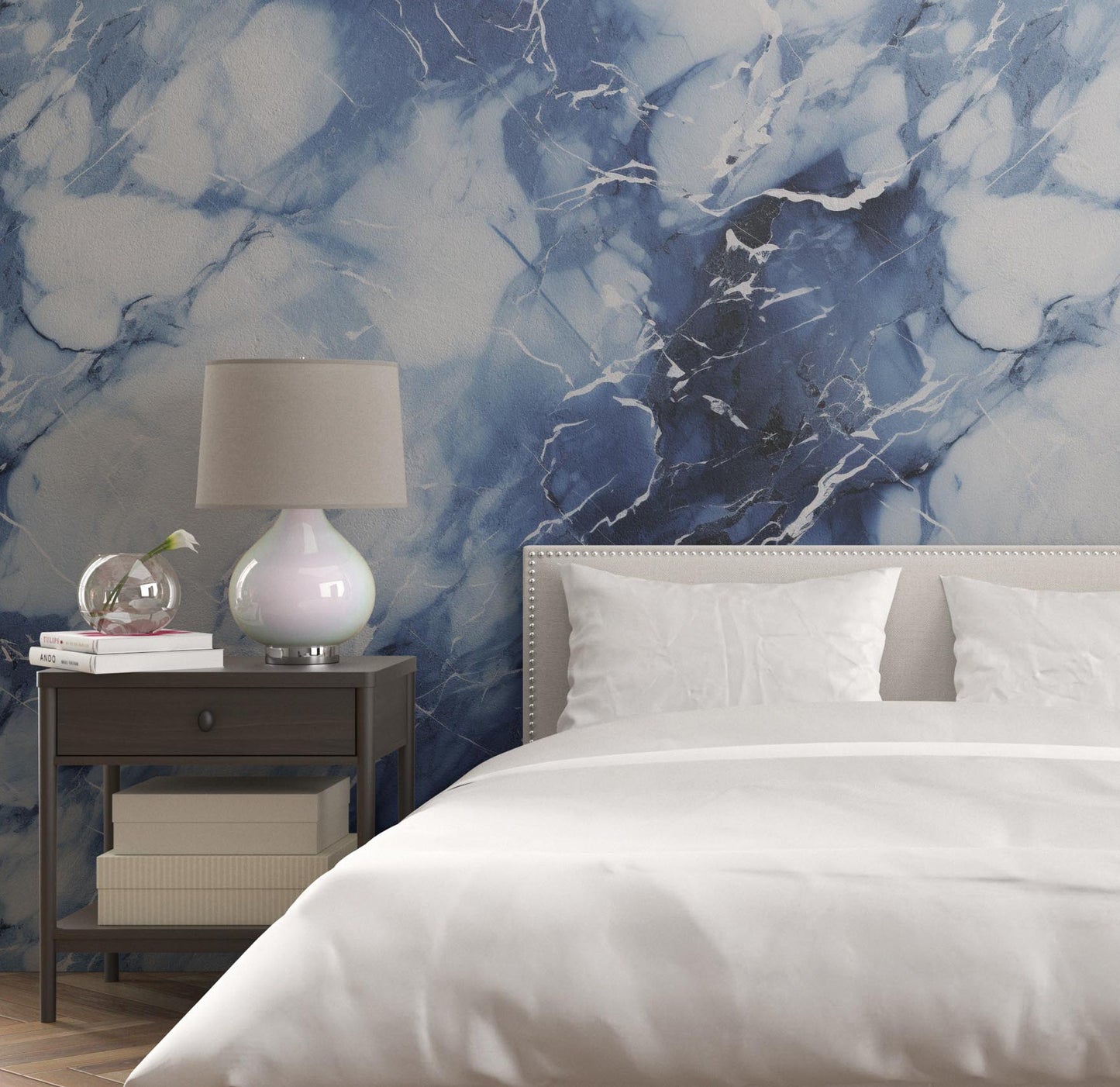 Removable Wallpaper, White and Blue Marble - Peel & Stick, Reusable, Self Adhesive, 26 Inch Fixed Panels, Easy Install, Seamless