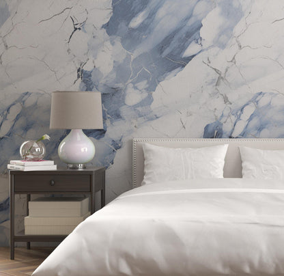 Removable Wallpaper, Blue and White Marble - Peel & Stick, Reusable, Self Adhesive, 26 Inch Fixed Panels, Easy Install, Seamless