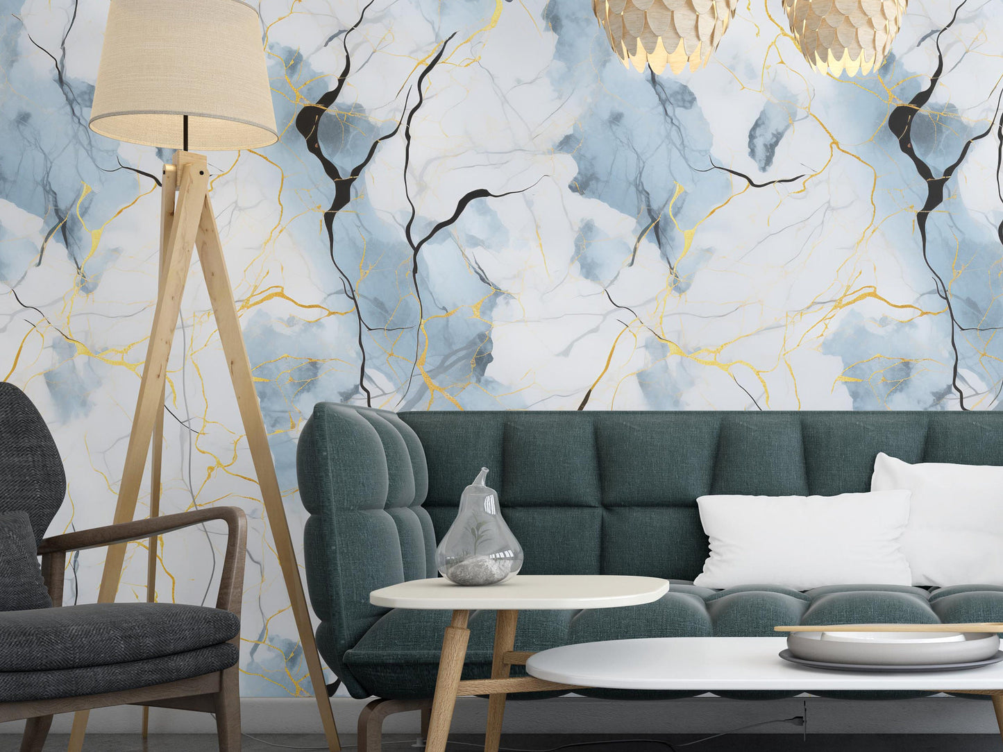 Removable Wallpaper, Blue and Gold Marble - Peel & Stick, Reusable, Self Adhesive, 26" Panels, Easy Install, Seamless