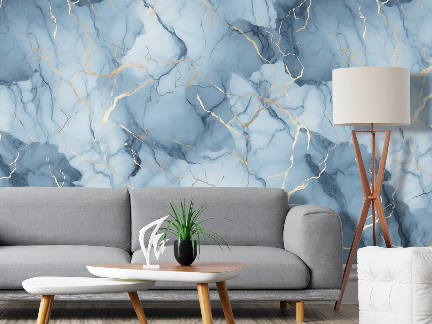 Removable Wallpaper, Gold, Blue and White Marble - Peel & Stick, Reusable, Self Adhesive, 26 Inch Fixed Panels, Easy Install, Seamless