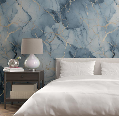 Removable Wallpaper, Gold, Blue and White Marble - Peel & Stick, Reusable, Self Adhesive, 26 Inch Fixed Panels, Easy Install, Seamless