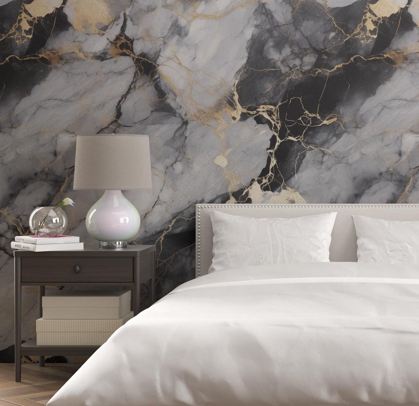 Removable Wallpaper, Black, Gold, Gray Marble - Peel & Stick, Reusable, Self Adhesive, 26 Inch Fixed Panels, Easy Install, Seamless