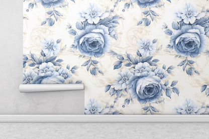 Blue Cute Floral Removable Wallpaper Blue Rose Peel & Stick, Reusable, Self Adhesive, 26" Panels, Easy Install, Seamless Home Decor