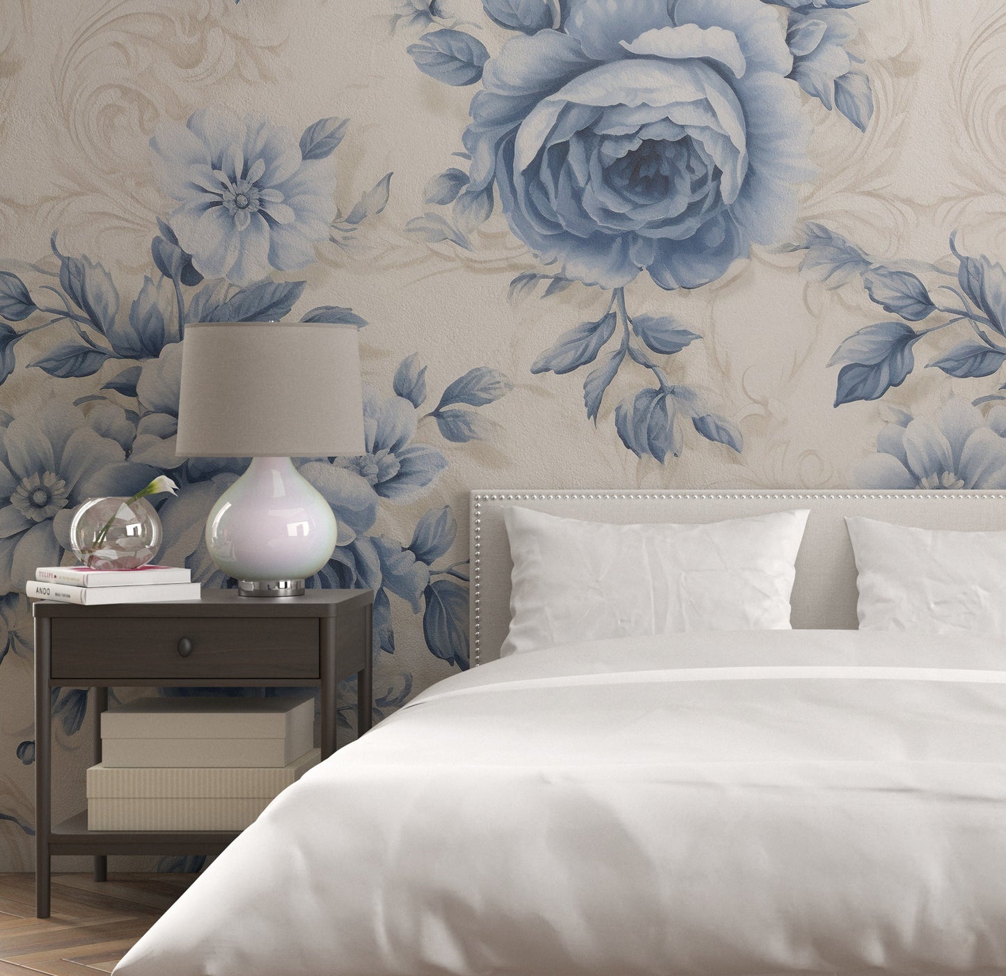 Blue Cute Floral Removable Wallpaper Blue Rose Peel & Stick, Reusable, Self Adhesive, 26" Panels, Easy Install, Seamless Home Decor