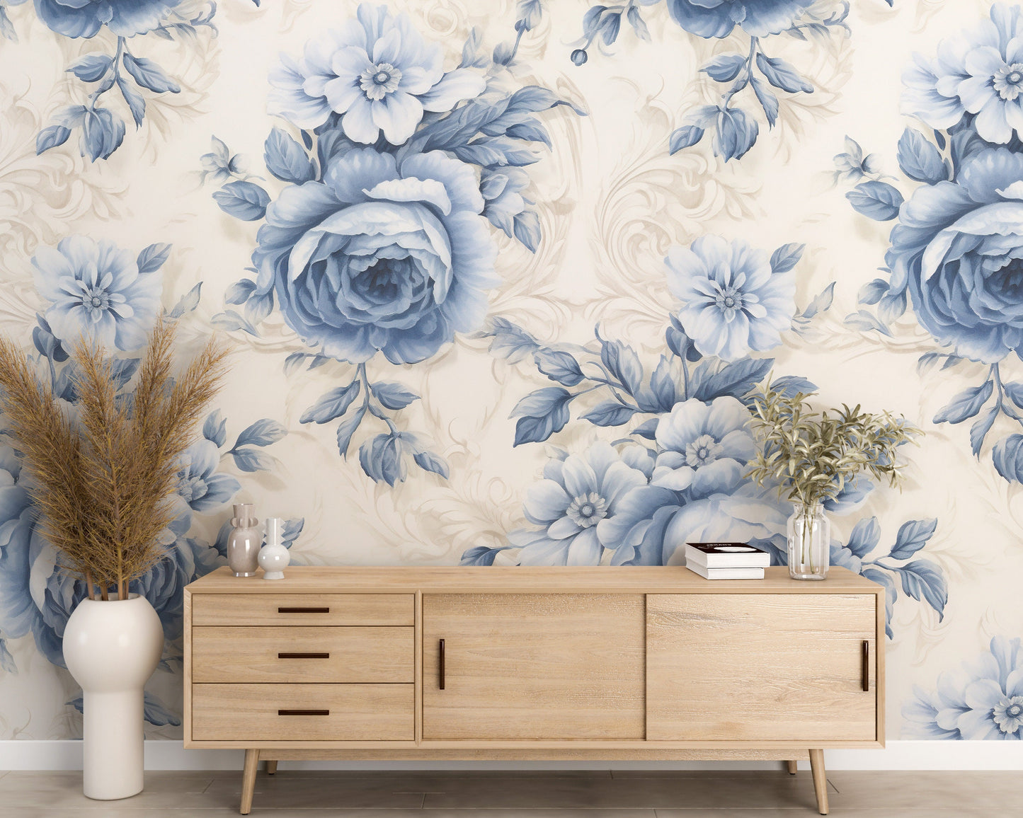 Blue Cute Floral Removable Wallpaper Blue Rose Peel & Stick, Reusable, Self Adhesive, 26" Panels, Easy Install, Seamless Home Decor