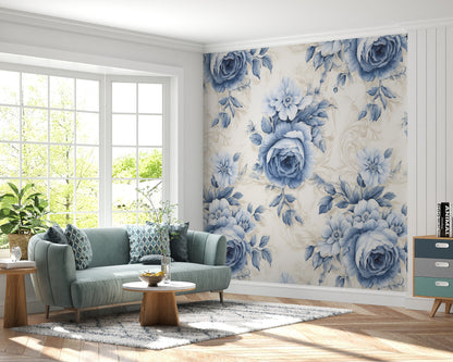 Blue Cute Floral Removable Wallpaper Blue Rose Peel & Stick, Reusable, Self Adhesive, 26" Panels, Easy Install, Seamless Home Decor