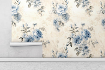 Removable Wallpaper, Blue Floral Blue Leaves - Peel & Stick, Reusable, Self Adhesive, 26" Panels, Easy Install, Seamless