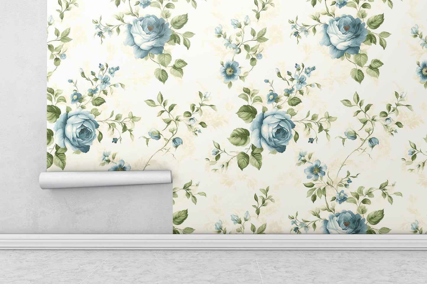 Removable Wallpaper, Blue Floral Green Leaves - Peel & Stick, Reusable, Self Adhesive, 26" Panels, Easy Install, Seamless