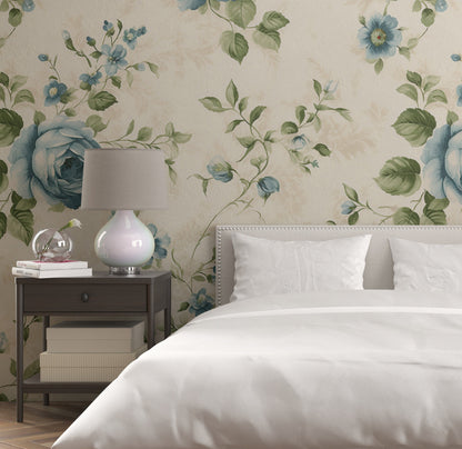 Removable Wallpaper, Blue Floral Green Leaves - Peel & Stick, Reusable, Self Adhesive, 26" Panels, Easy Install, Seamless