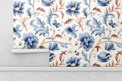 Floral  Blue and Orange Removable Wallpaper, - Peel & Stick, Reusable, Self Adhesive, 26" Panels, Easy Install, Seamless