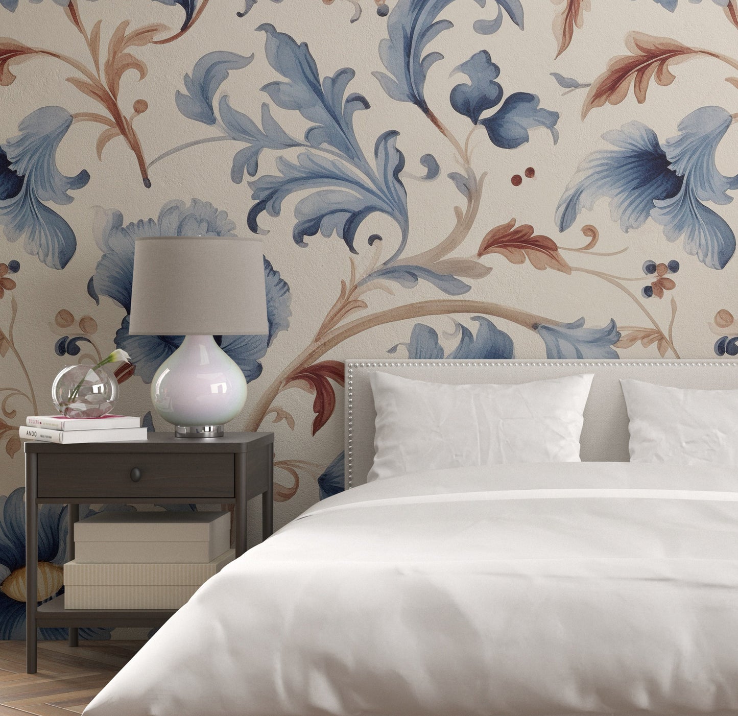 Floral  Blue and Orange Removable Wallpaper, - Peel & Stick, Reusable, Self Adhesive, 26" Panels, Easy Install, Seamless