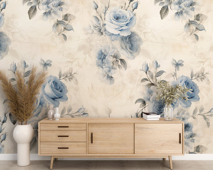 Removable Wallpaper, Blue Floral Blue Leaves - Peel & Stick, Reusable, Self Adhesive, 26" Panels, Easy Install, Seamless