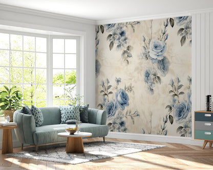 Removable Wallpaper, Blue Floral Blue Leaves - Peel & Stick, Reusable, Self Adhesive, 26" Panels, Easy Install, Seamless