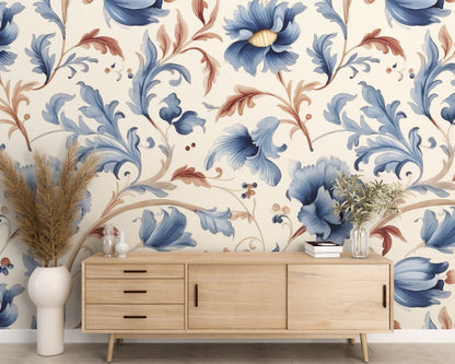 Floral  Blue and Orange Removable Wallpaper, - Peel & Stick, Reusable, Self Adhesive, 26" Panels, Easy Install, Seamless