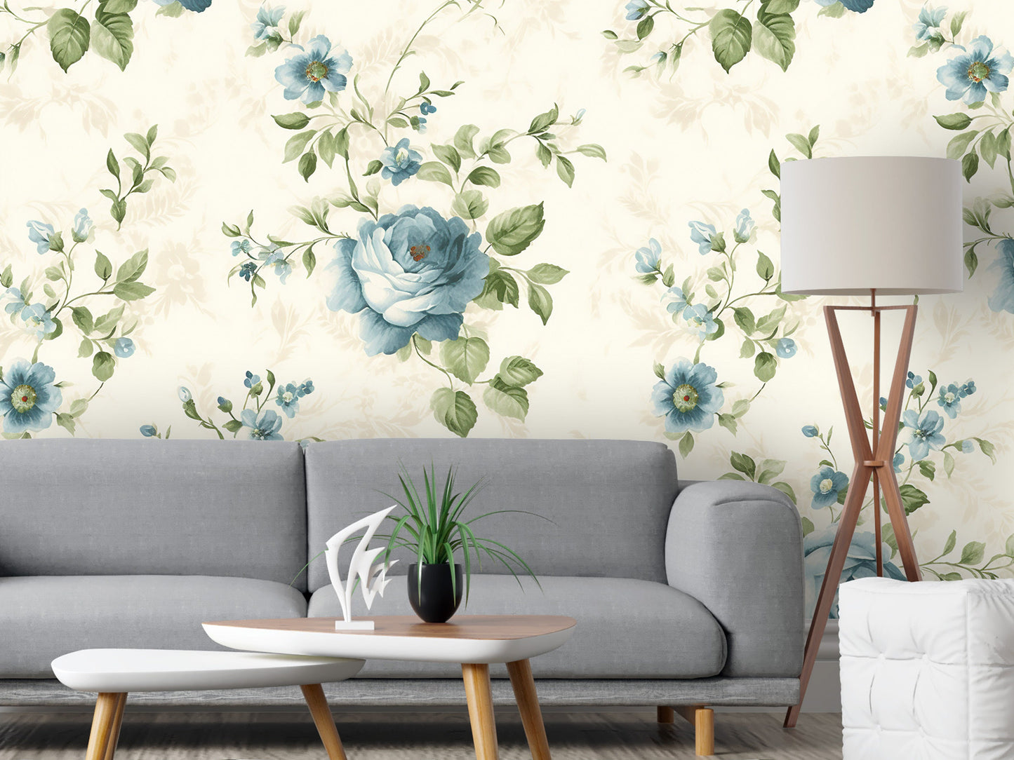 Removable Wallpaper, Blue Floral Green Leaves - Peel & Stick, Reusable, Self Adhesive, 26" Panels, Easy Install, Seamless