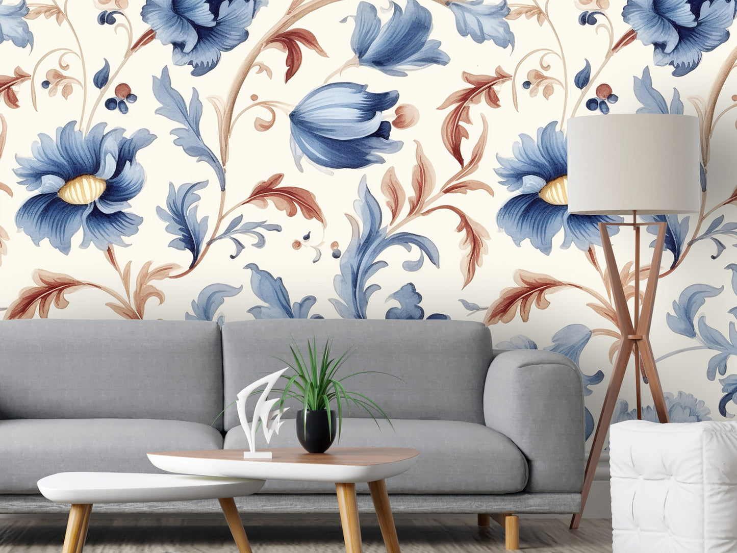 Floral  Blue and Orange Removable Wallpaper, - Peel & Stick, Reusable, Self Adhesive, 26" Panels, Easy Install, Seamless