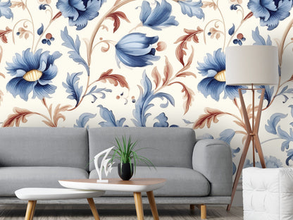 Floral  Blue and Orange Removable Wallpaper, - Peel & Stick, Reusable, Self Adhesive, 26" Panels, Easy Install, Seamless