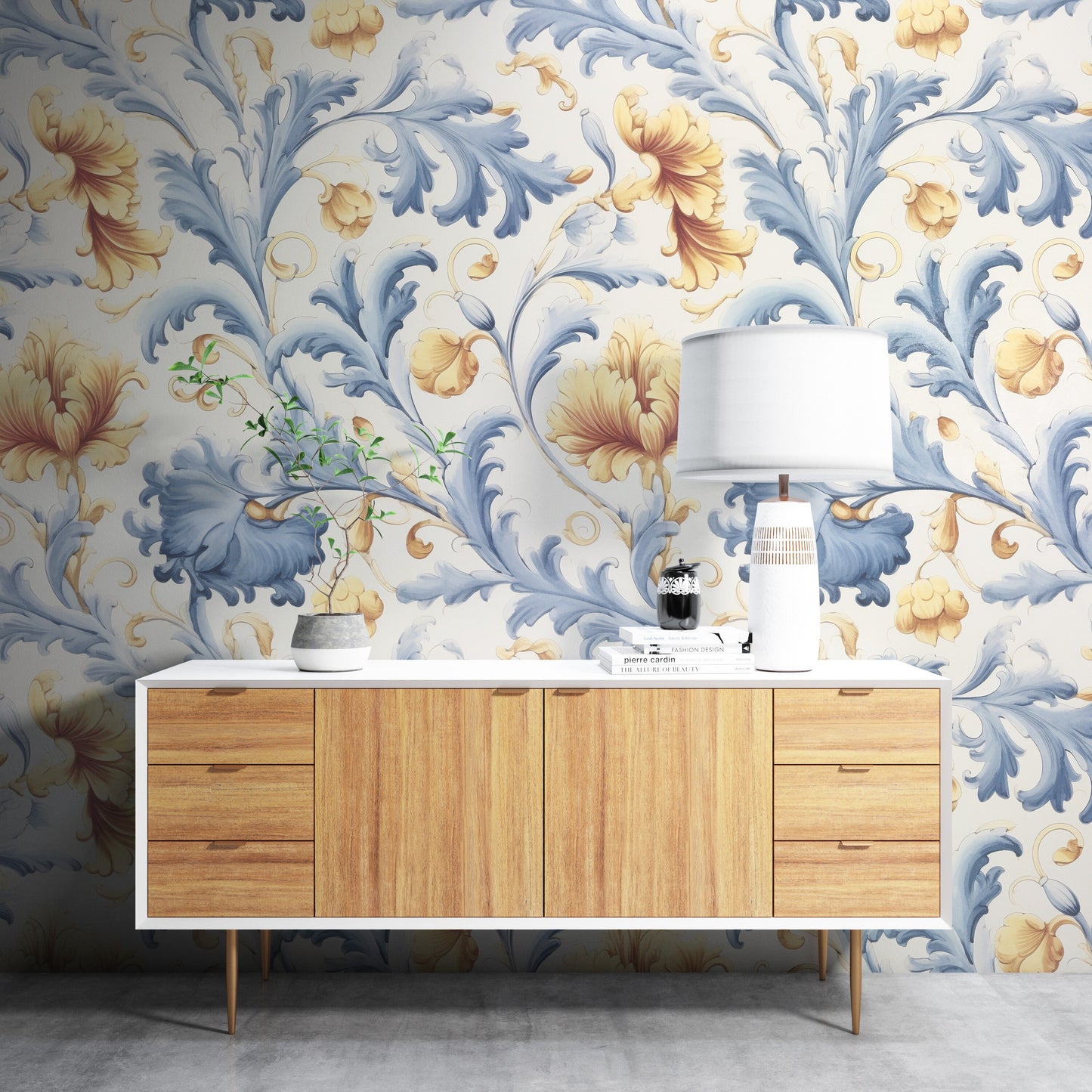 Blue and Yellow Floral Removable Wallpaper,- Peel & Stick, Reusable, Self Adhesive, 26" Panels, Easy Install, Seamless