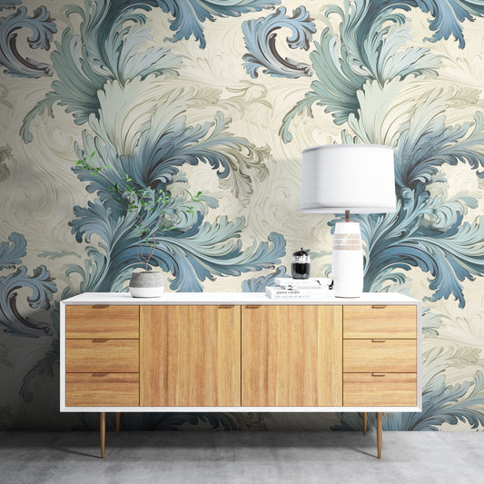 Removable Wallpaper, Floral Blue Leaves - Peel & Stick, Reusable, Self Adhesive, 26" Panels, Easy Install, Seamless