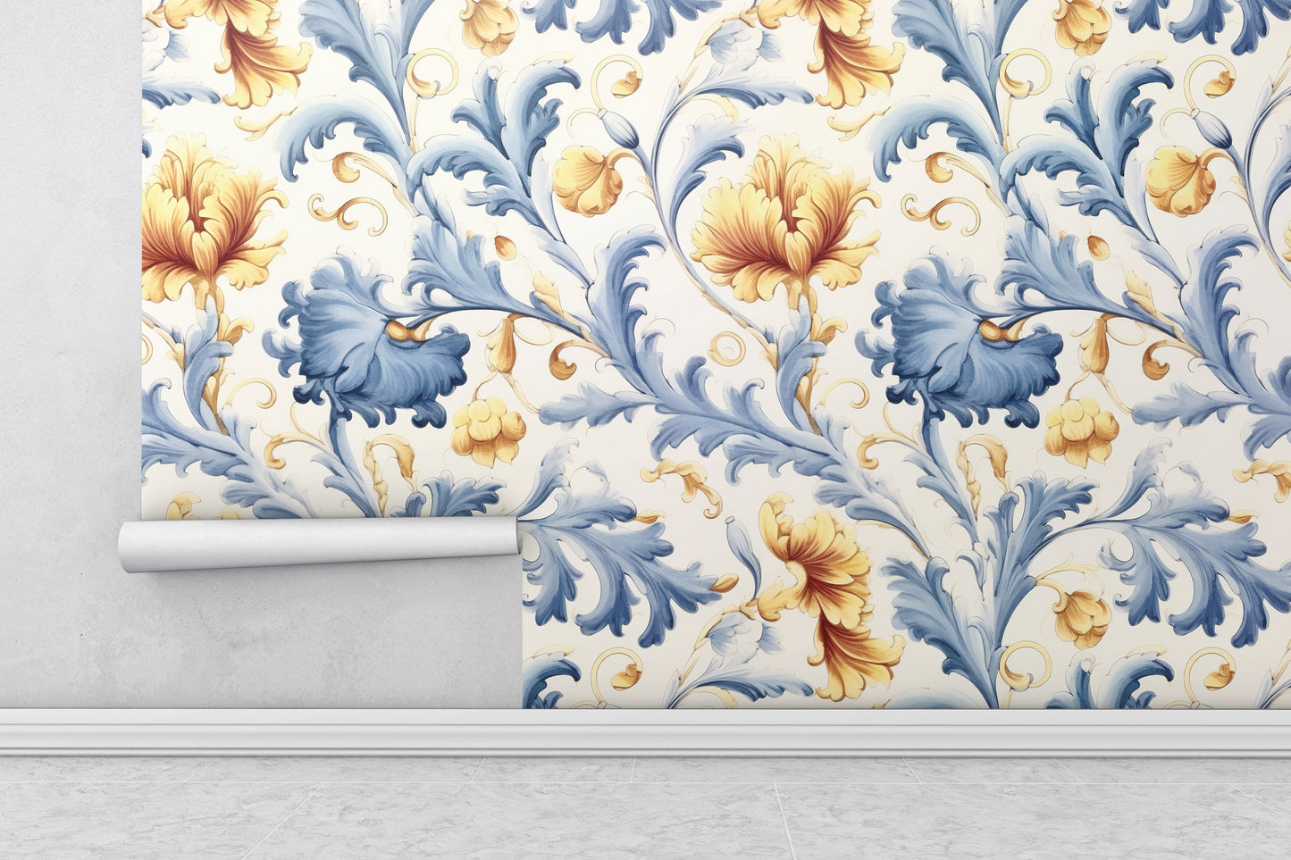 Blue and Yellow Floral Removable Wallpaper,- Peel & Stick, Reusable, Self Adhesive, 26" Panels, Easy Install, Seamless