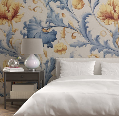 Blue and Yellow Floral Removable Wallpaper,- Peel & Stick, Reusable, Self Adhesive, 26" Panels, Easy Install, Seamless