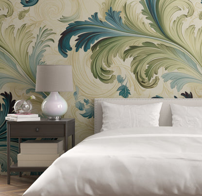 Removable Wallpaper, Floral Green Leaves - Peel & Stick, Reusable, Self Adhesive, 26" Panels, Easy Install, Seamless