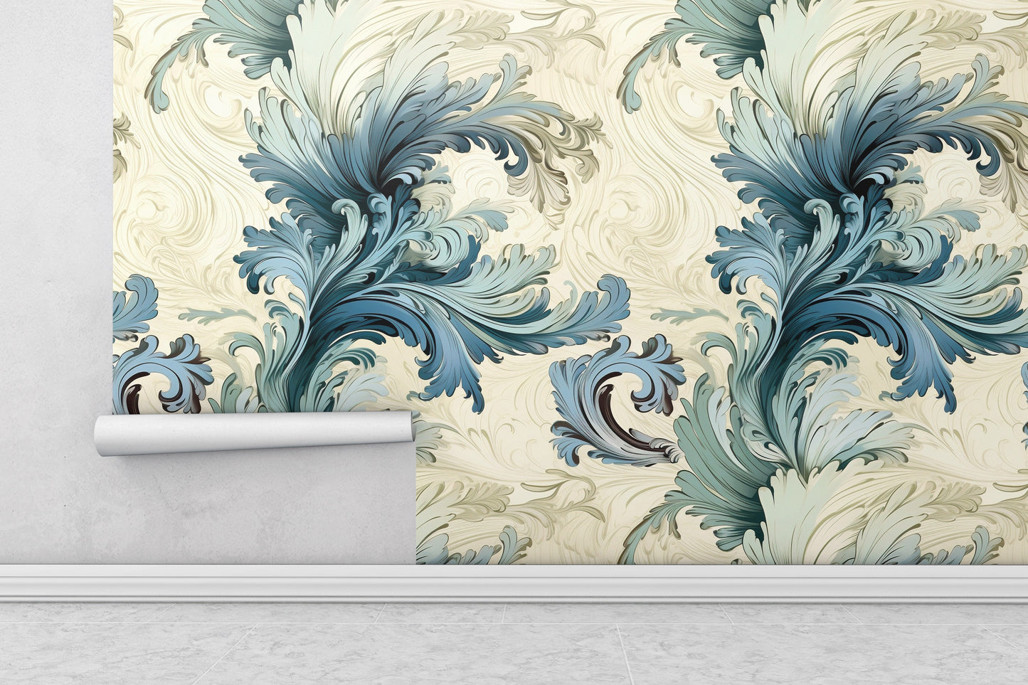 Removable Wallpaper, Floral Blue Leaves - Peel & Stick, Reusable, Self Adhesive, 26" Panels, Easy Install, Seamless