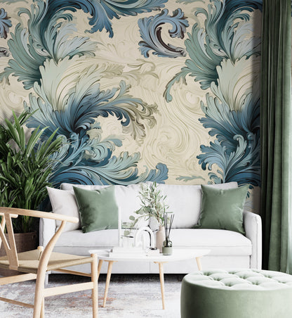 Removable Wallpaper, Floral Blue Leaves - Peel & Stick, Reusable, Self Adhesive, 26" Panels, Easy Install, Seamless