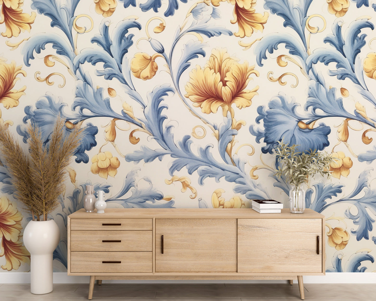 Blue and Yellow Floral Removable Wallpaper,- Peel & Stick, Reusable, Self Adhesive, 26" Panels, Easy Install, Seamless