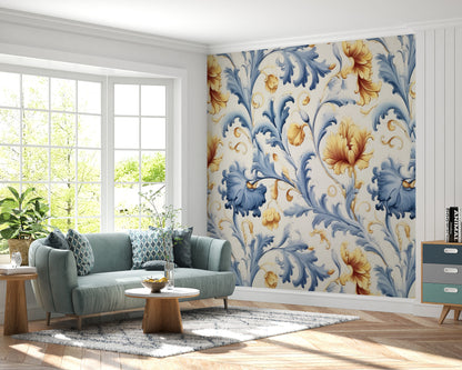 Blue and Yellow Floral Removable Wallpaper,- Peel & Stick, Reusable, Self Adhesive, 26" Panels, Easy Install, Seamless