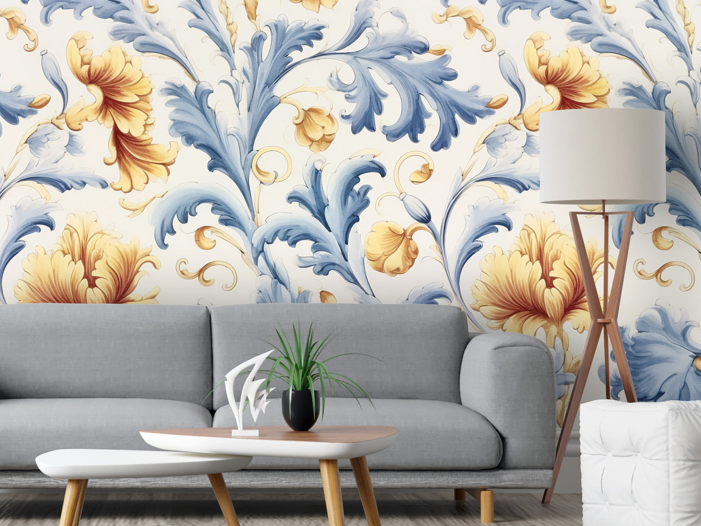 Blue and Yellow Floral Removable Wallpaper,- Peel & Stick, Reusable, Self Adhesive, 26" Panels, Easy Install, Seamless