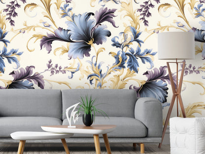 Removable Wallpaper, Floral Yellow and Blue Leaves - Peel & Stick, Reusable, Self Adhesive, 26" Panels, Easy Install, Seamless