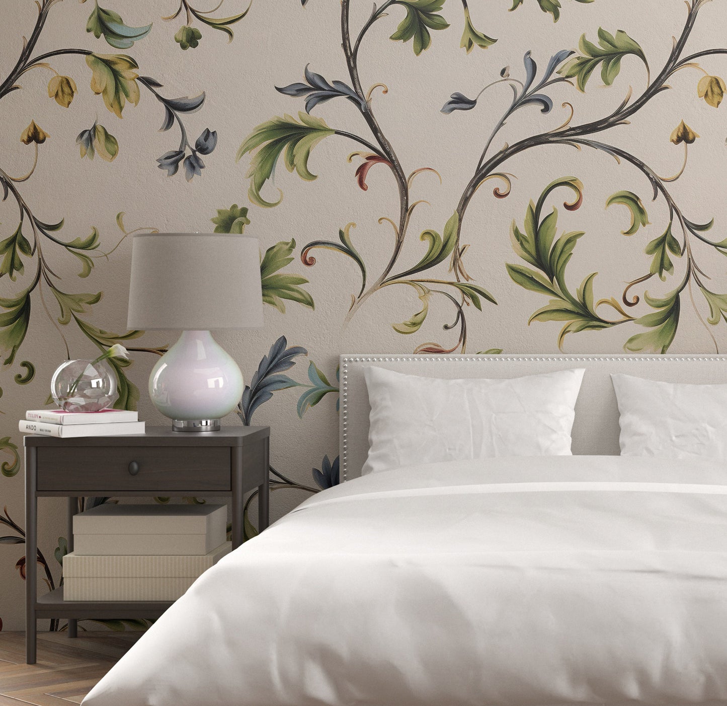 Removable Wallpaper, Green Flower Floral - Peel & Stick, Reusable, Self Adhesive, 26" Panels, Easy Install, Seamless