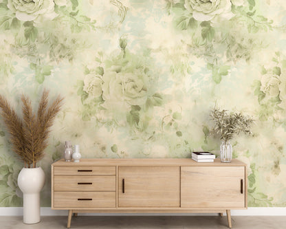 Removable Wallpaper, Green Floral - Peel & Stick, Reusable, Self Adhesive, 26" Panels, Easy Install, Seamless