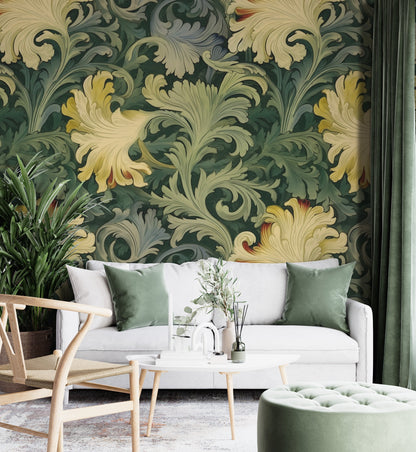 Removable Wallpaper, Flower Green Floral - Peel & Stick, Reusable, Self Adhesive, 26" Panels, Easy Install, Seamless